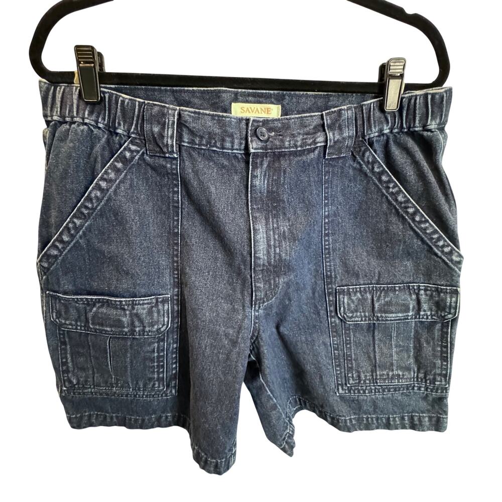 Y2K Men's Denim Cargo Shorts 36 Elastic Waist Blue Jean Jorts Hiking Utility